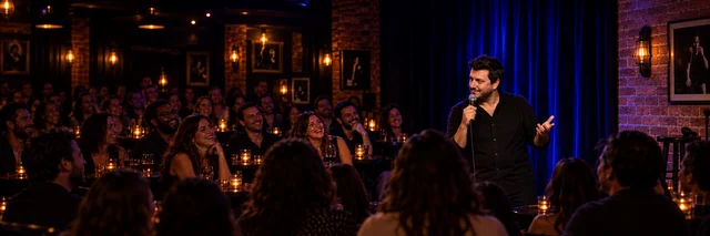 AI-created promotional scene of Ami Kozak addressing a comedy audience